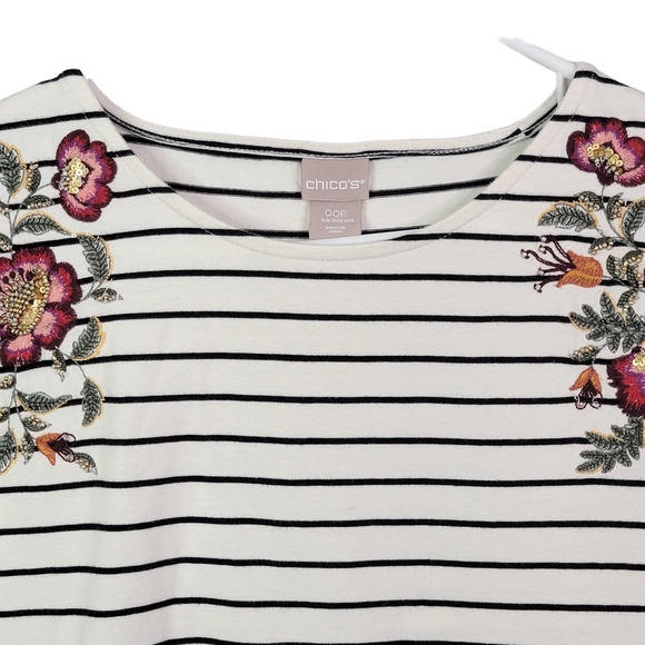 Chico White Breton Stripe Floral Embroidered Sequins Shirt Women's Size XSA - Picture 3 of 8